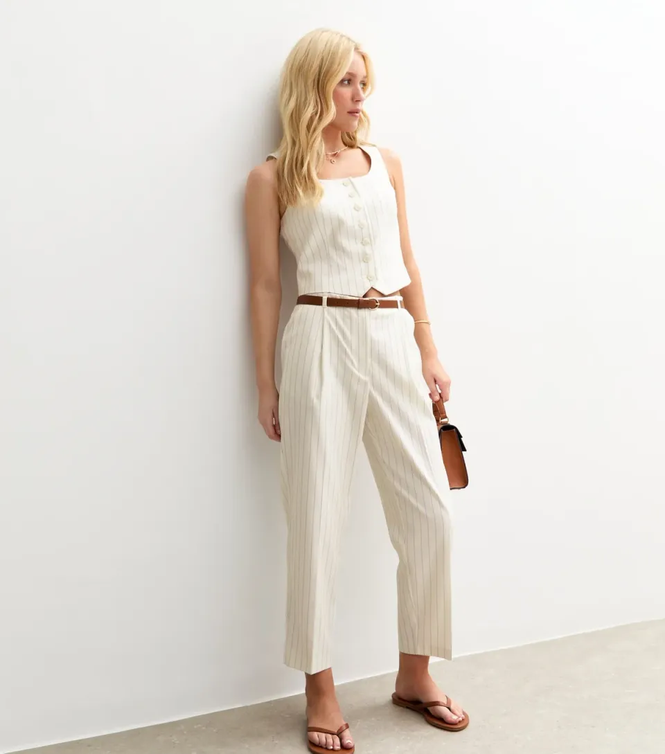 Women's Cream Pinstripe Barrel Leg Belted Tailored Trousers
