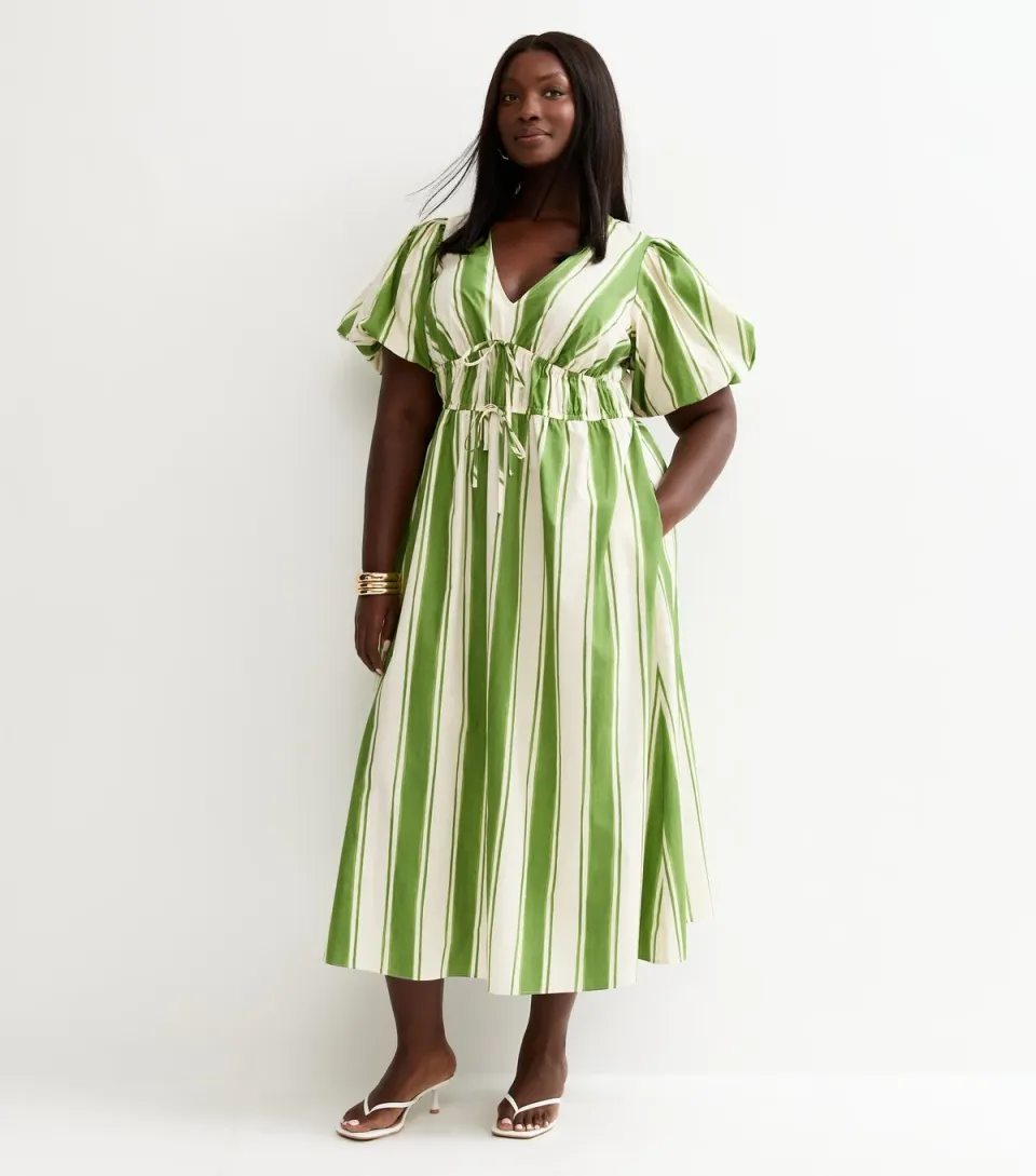 Women's Plus Size Green Striped Puff Sleeve Midi Dress Curves