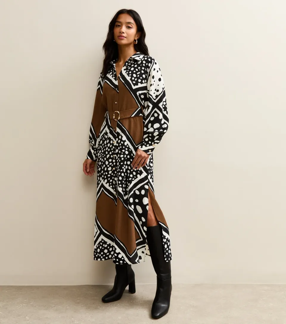 Women's Petite Black Patchwork Print Midi Shirt Dress