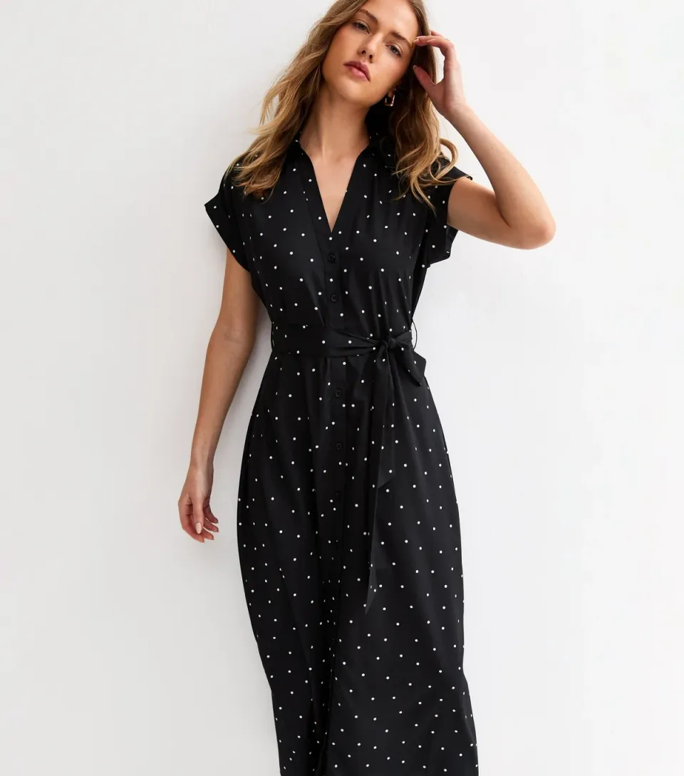 Women's Black Crepe Dot Print Collared Short Sleeve Midi Dress