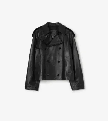 Cropped Leather Leadenham Trench Coat in Black