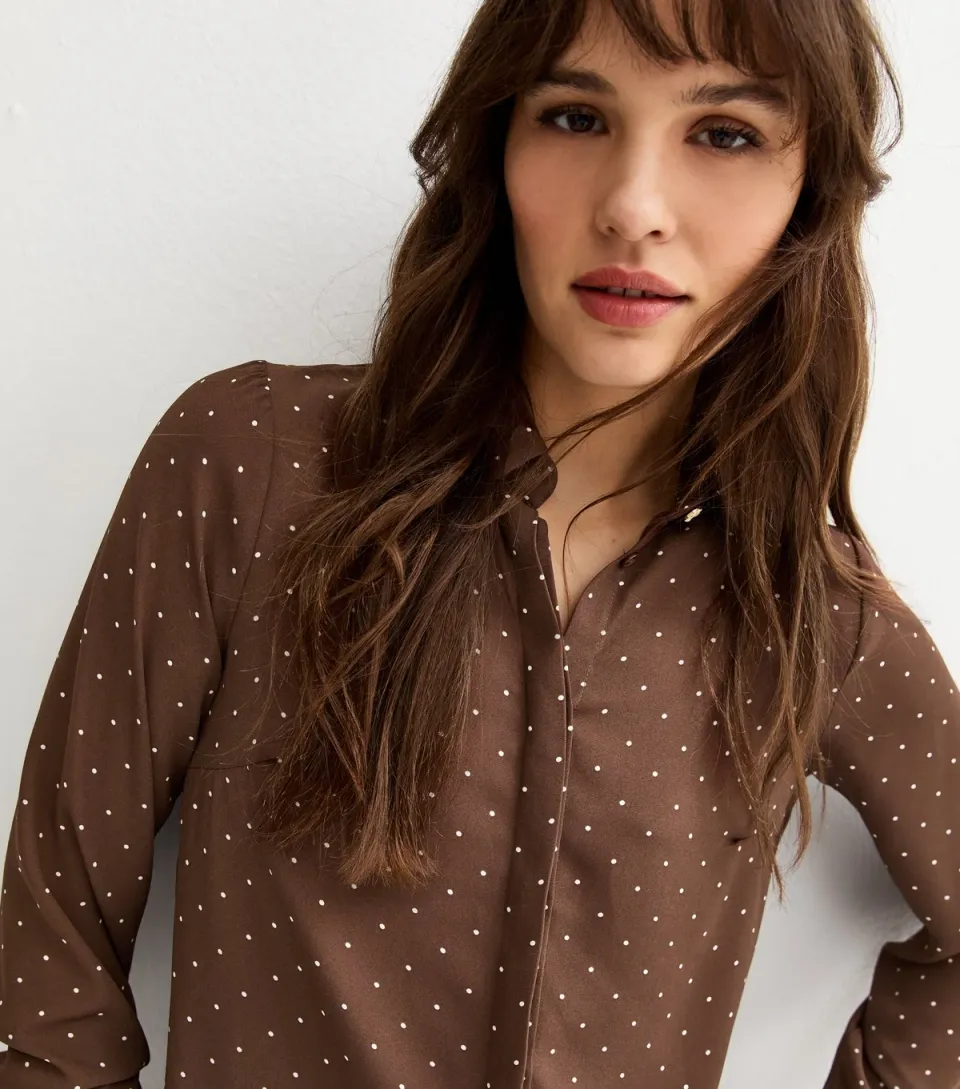 Women's Tall Brown Spotty Button Up Shirt