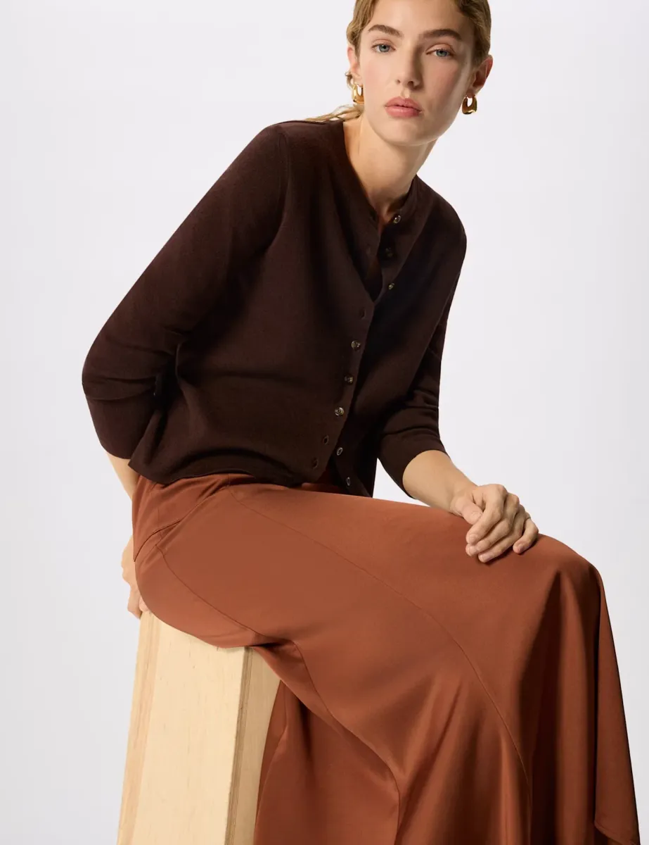 Satin Midi A-Line Skirt Brown
