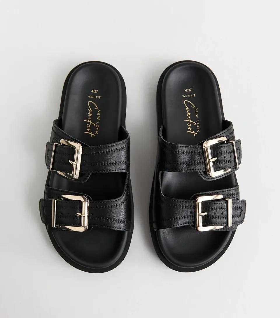 Women's Wide Fit Black Faux Leather Double Strap Flat Mules Vegan