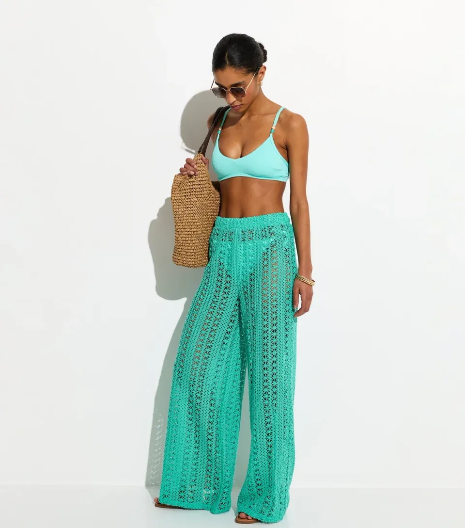 Women's Turquoise Crochet Wide Leg Beach Trousers