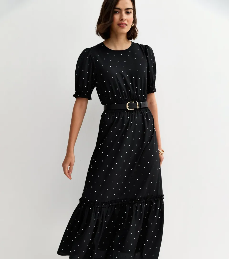 Women's Black Spotty Short Sleeve Tiered Midi Dress