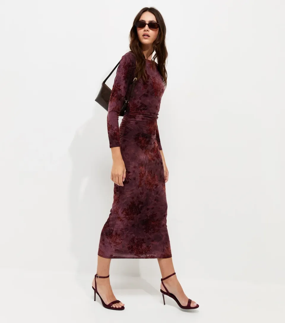 Women's Red Floral Devore Ruched Side Midi Dress