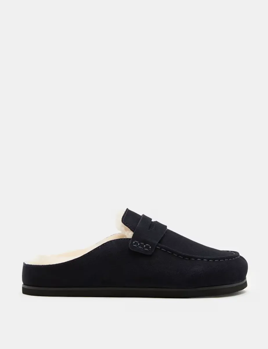 Suede Mule Slippers with Freshfeet Dark Navy