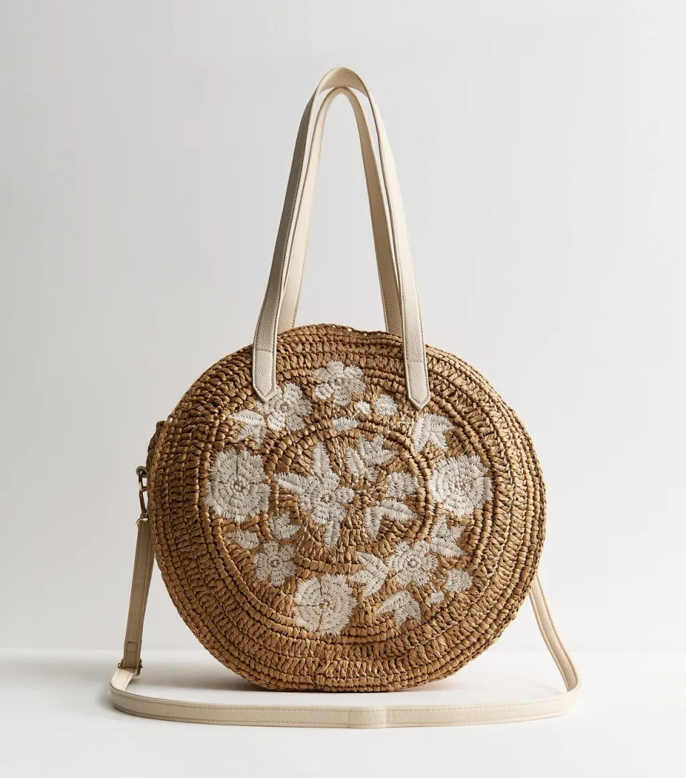 Stone Floral Embroidered Woven Raffia Circular Bag