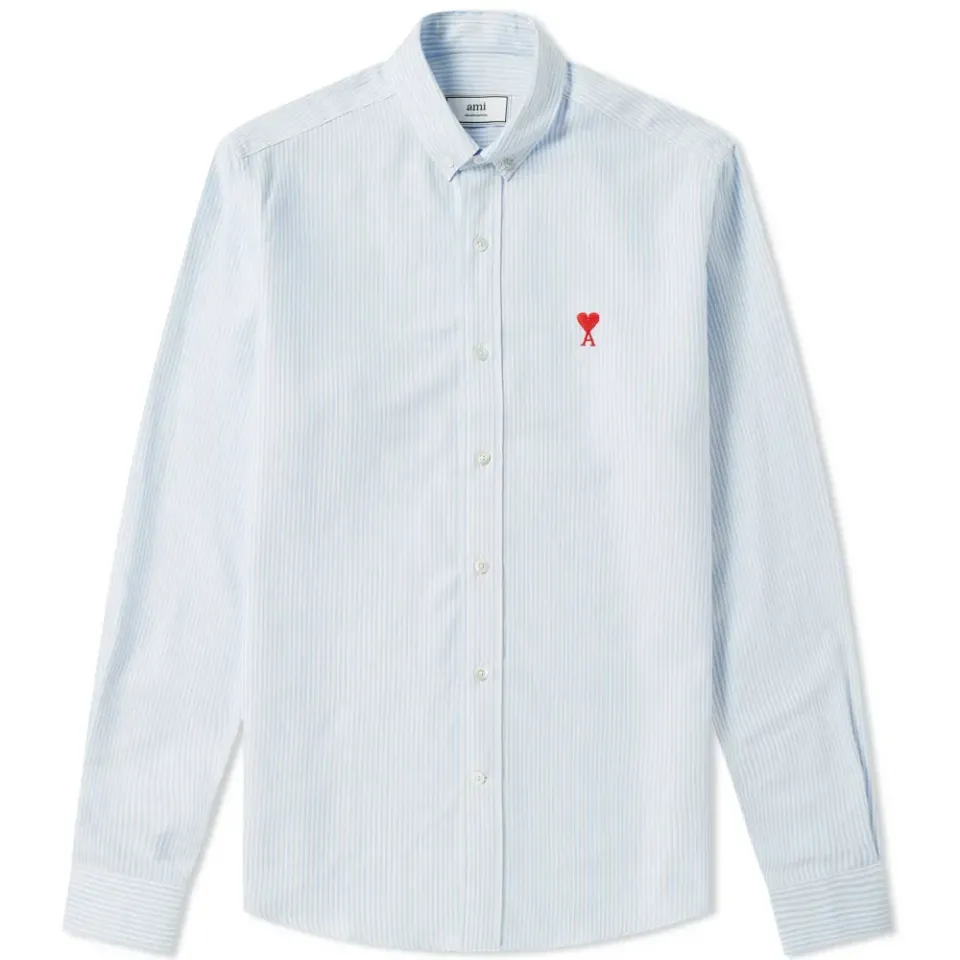 AMI Embroidered Heart Striped Oxford Button Down Shirt