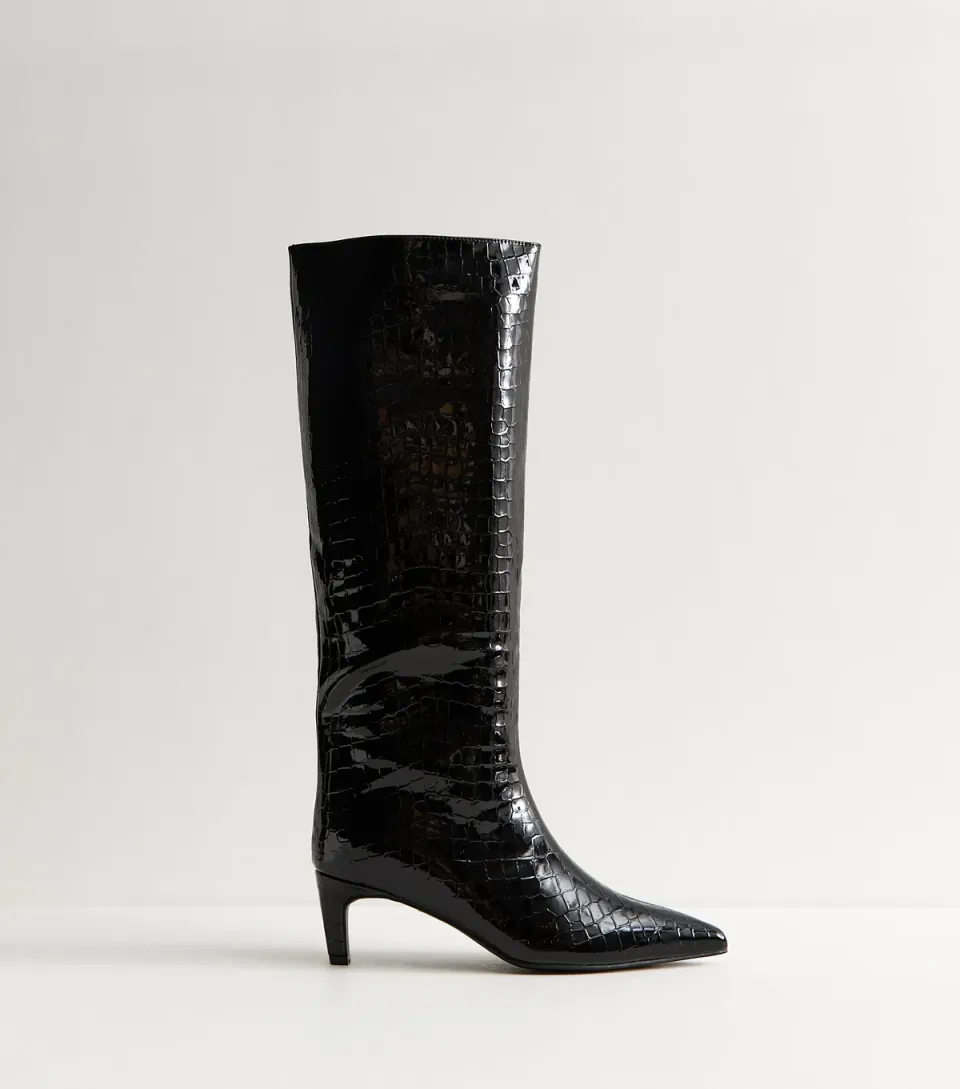 Women's Black Low Heel Sleek Faux Leather Croc Knee High Boots Vegan