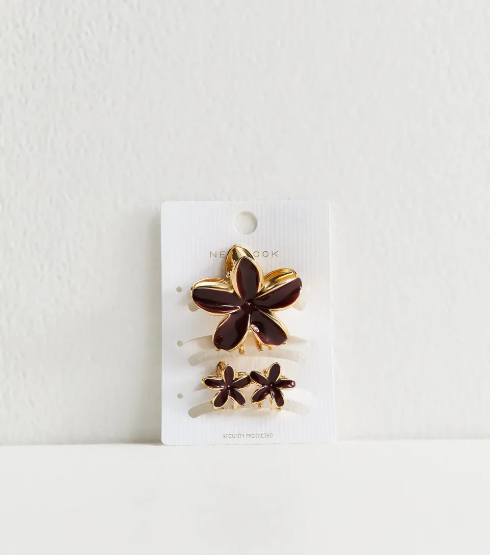 Pack Of 3 Burgundy Enamel Flower Hair Clips