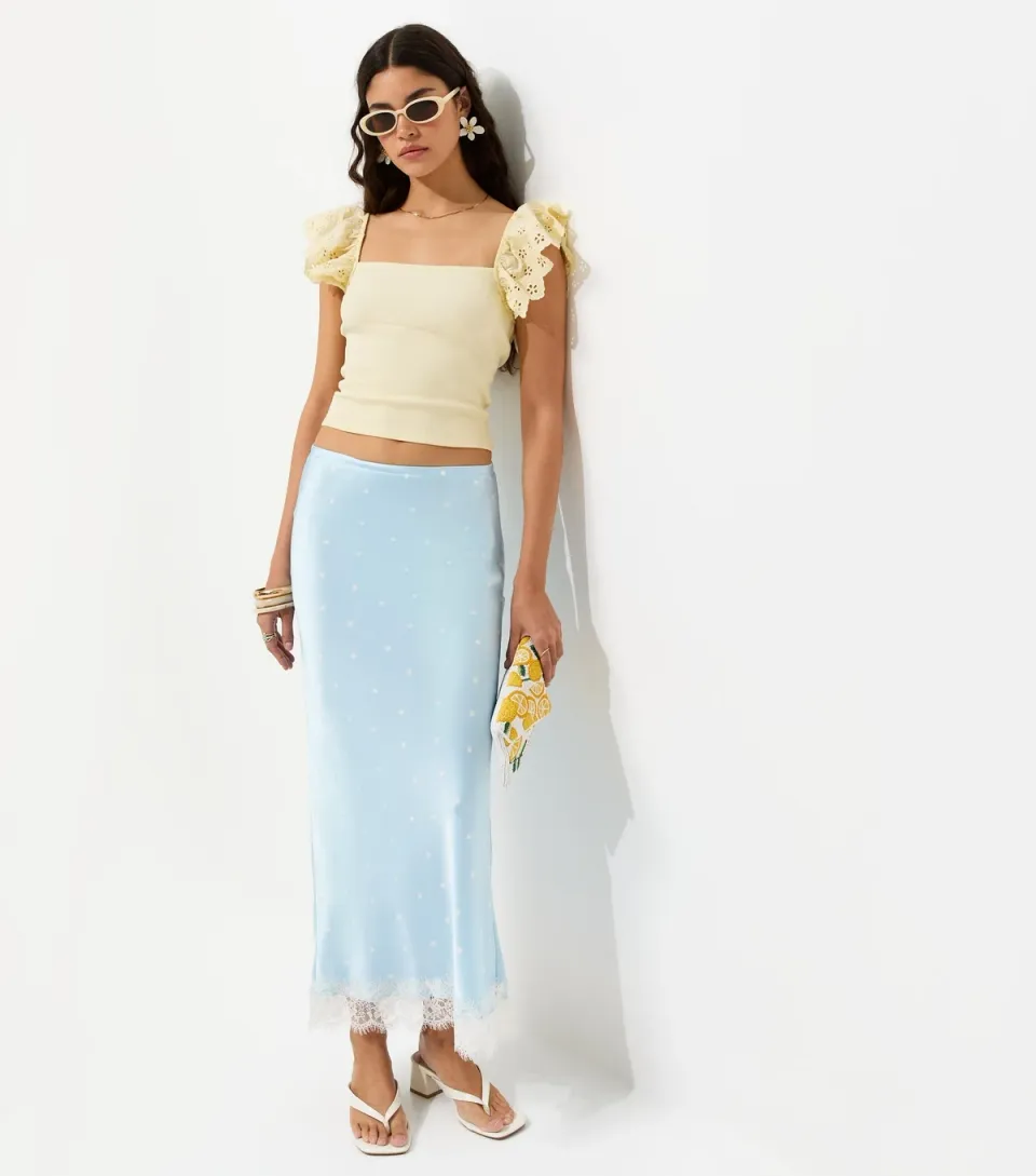 Women's Blue Satin Polka Dot Lace Hem Midi Skirt