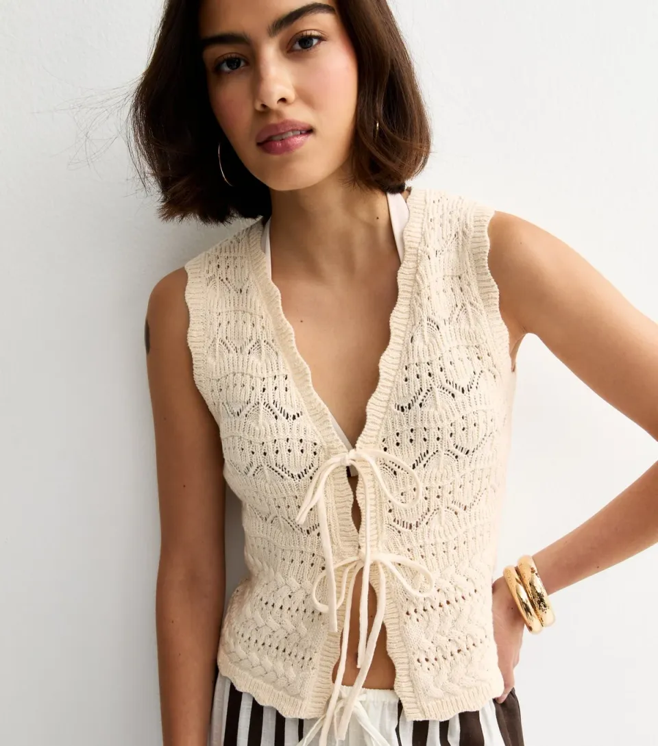Women's Cream Cotton Rich Wave Stitchy Tie Waistcoat