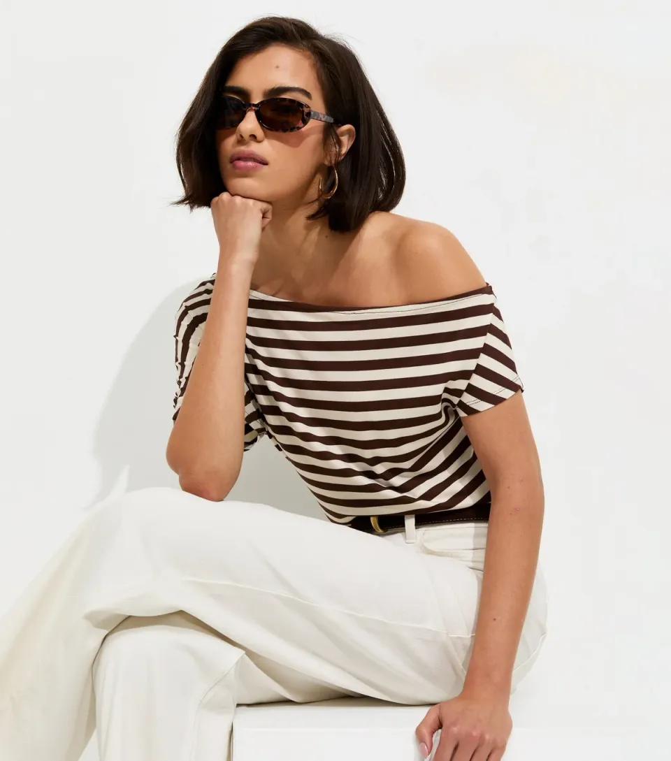 Women's Brown Striped Off The Shoulder T-Shirt