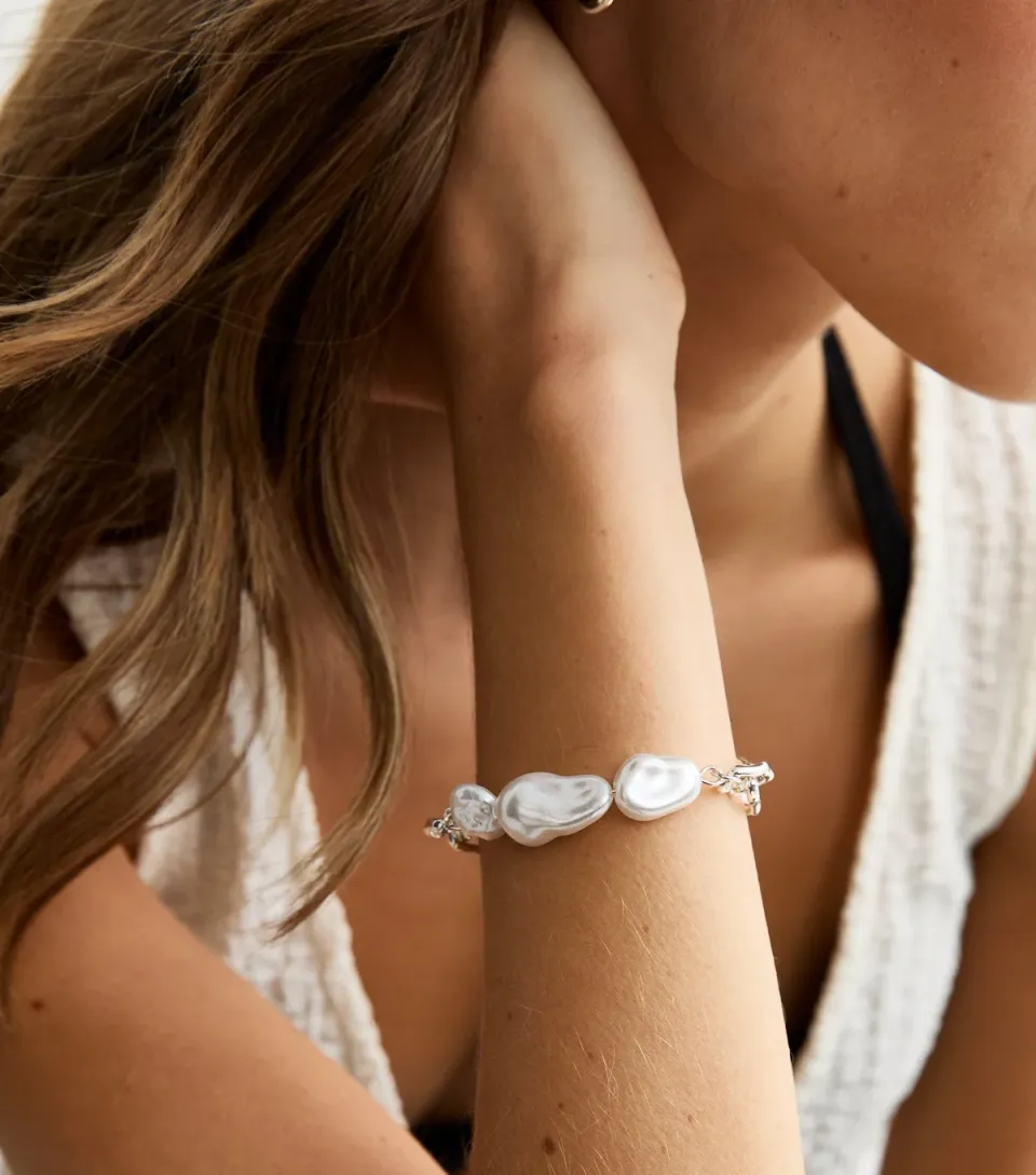 Gold Tone Sculptural Faux Pearl Embellished Bracelet