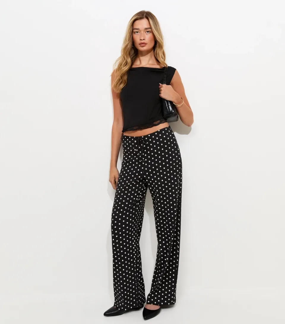 Women's Tall Black Cotton Rich Polka Dot Wide Leg Trousers