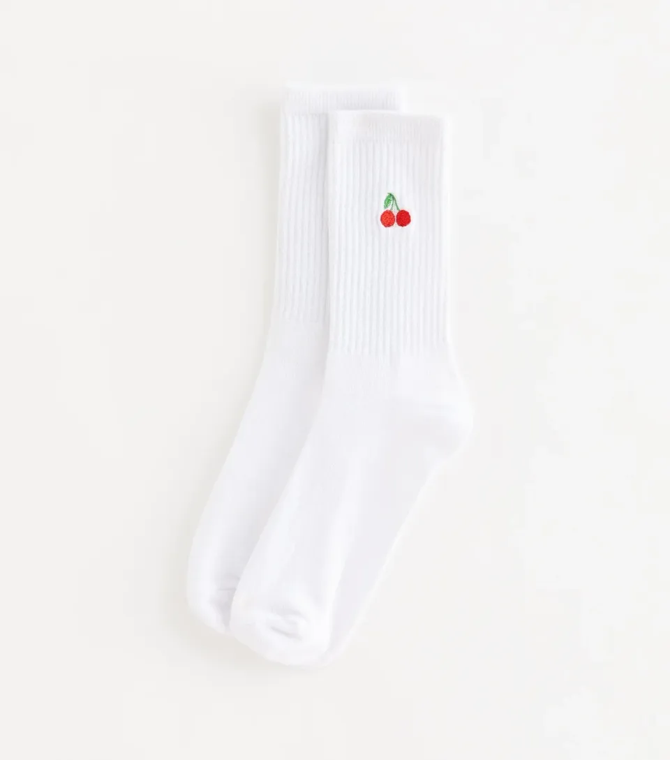 White Embroidered Cherry Ankle Socks