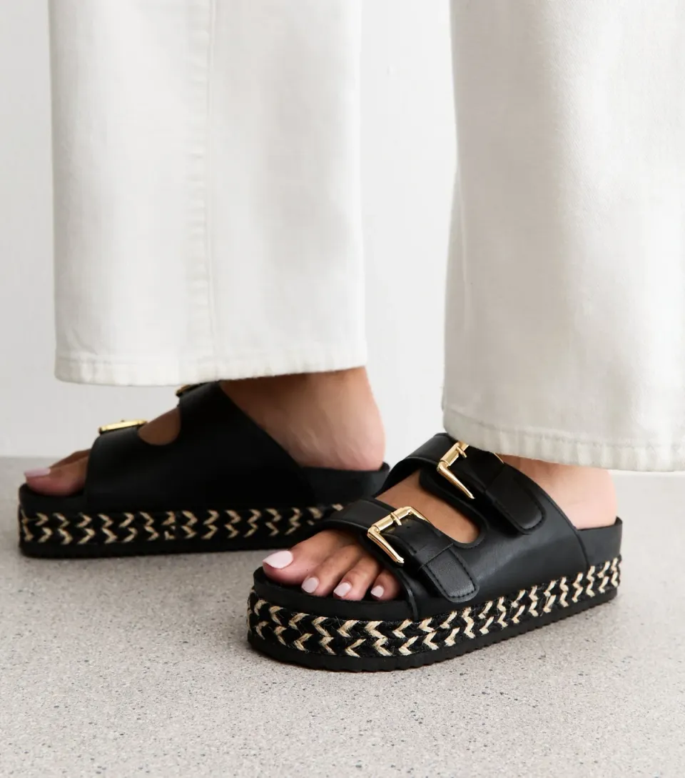 Women's Wide Fit Black Faux Leather Double Buckle Flatform Mule Sandals Vegan