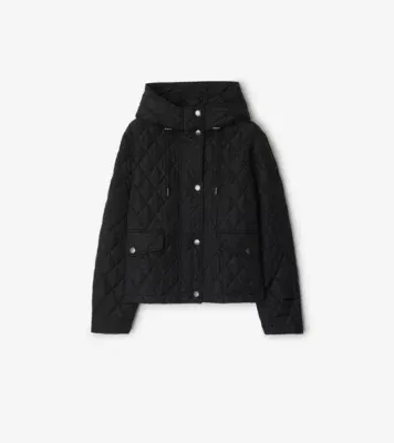 Cropped Quilted Nylon Hooded Jacket in Black