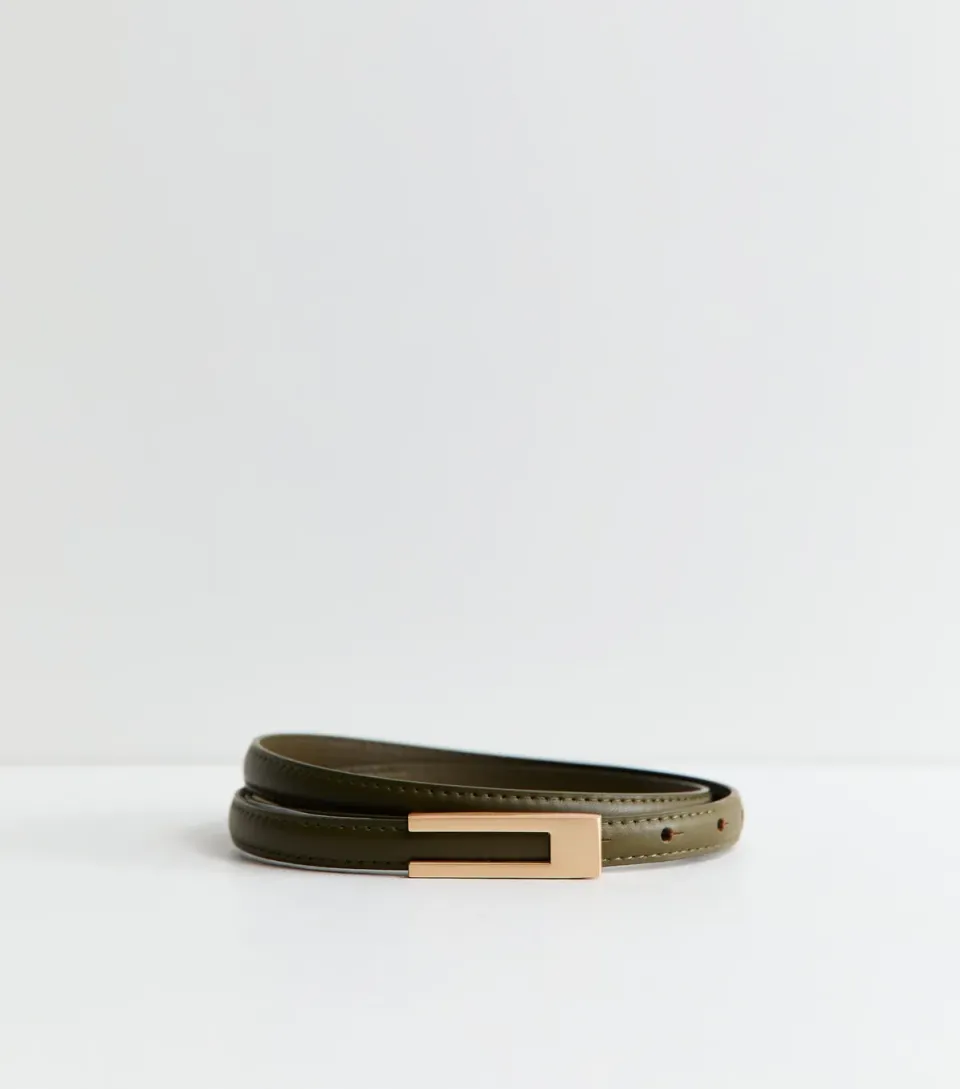 Khaki Faux Leather Rectangle Buckle Skinny Belt