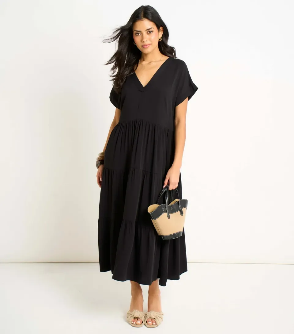 Women's Black V Neck Smock Midi Dress