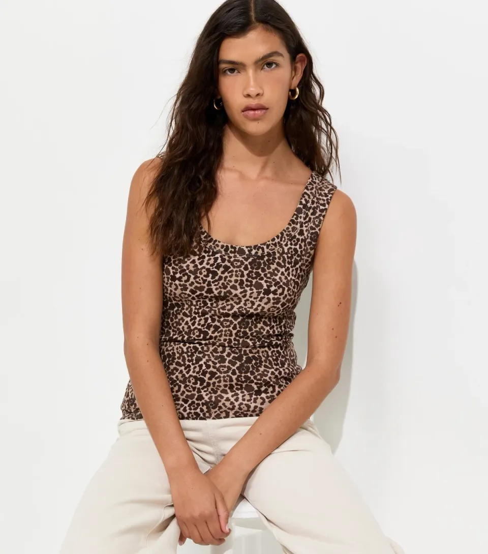 Women's Brown Cotton Rich Leopard Print Wide Trim Scoop Neck Vest Top