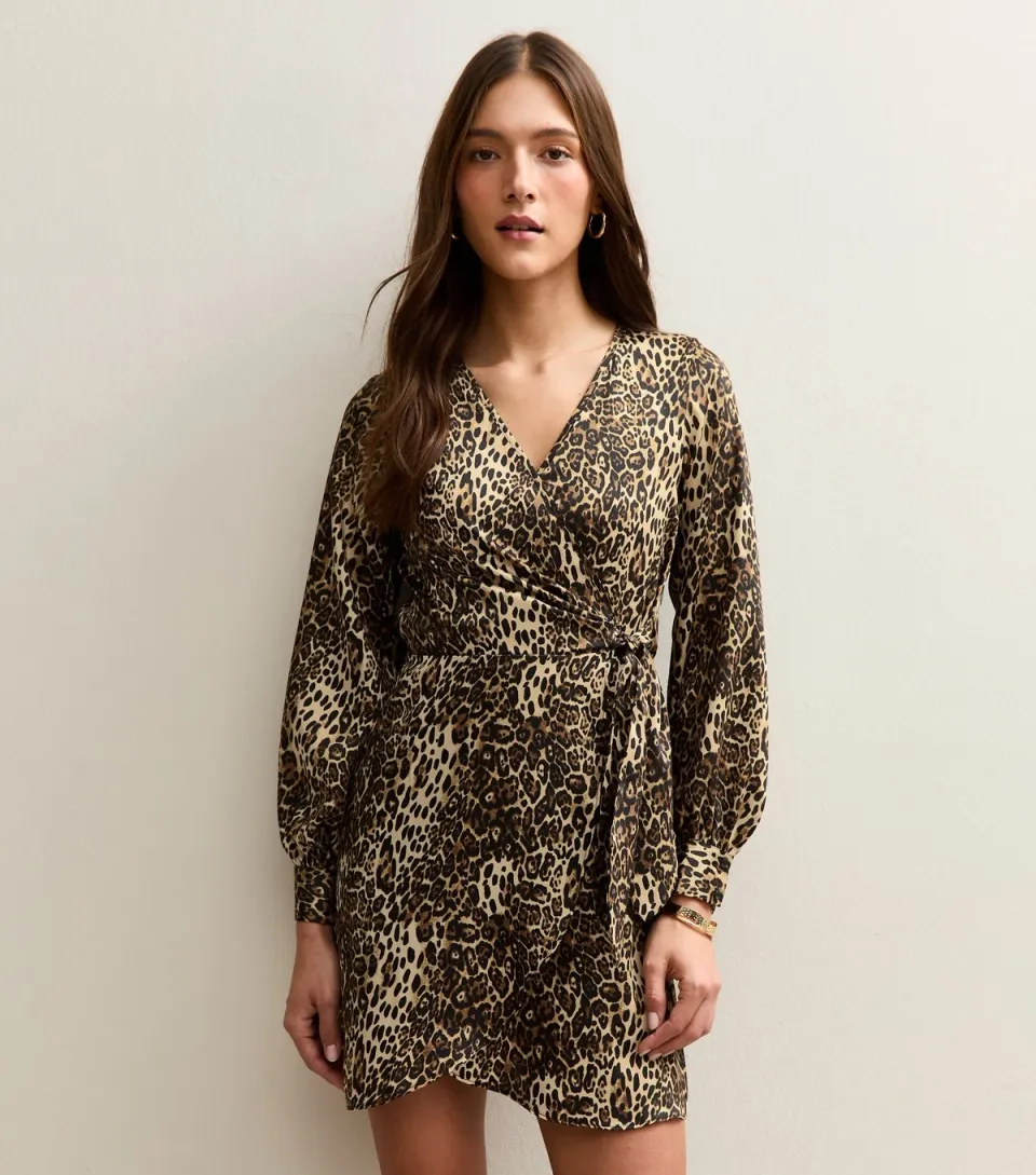 Women's Brown Animal Print Satin Wrap Mini Dress