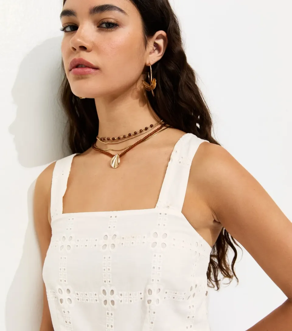 Women's Off White Cotton Grid Lace Cropped Cami Top