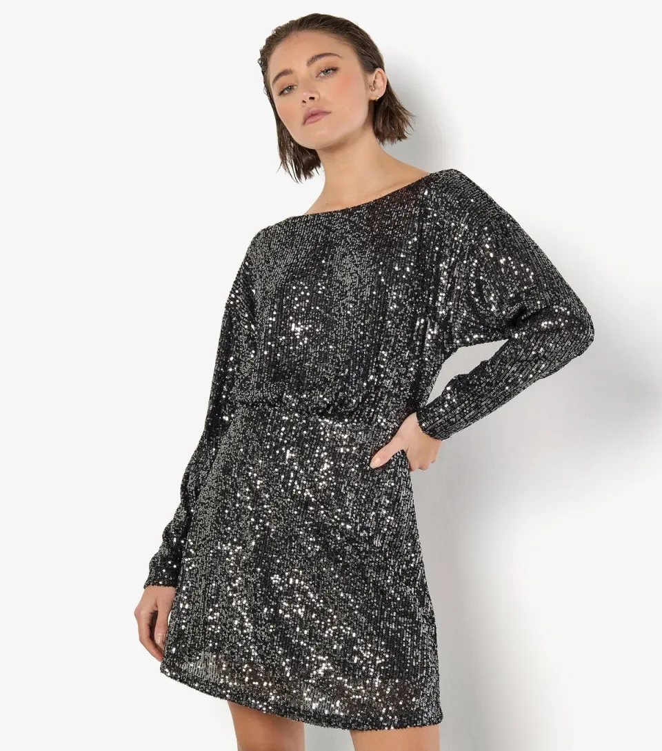 Women's Silver Flat Sequin Cowl Back Mini Dress