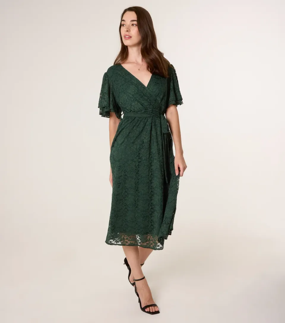 Women's Green Angel Sleeve Midi Dress