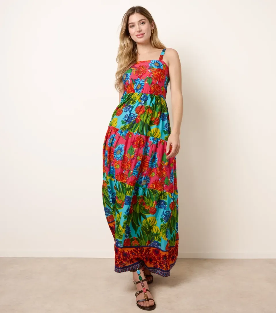 Women's Multicolour Floral Print Beaded Tiered Maxi Dress