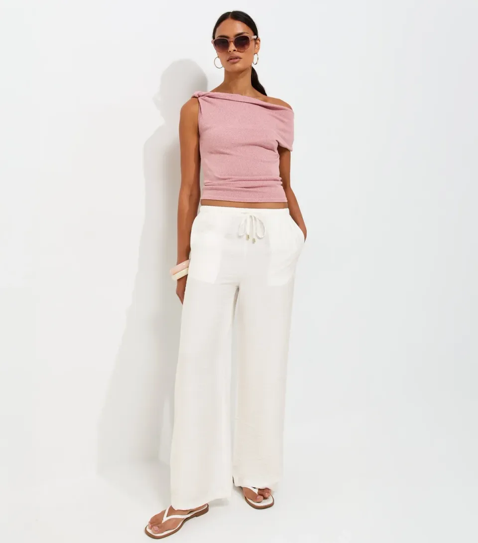 Women's Cream Crinkle Texture Wide Leg Trousers