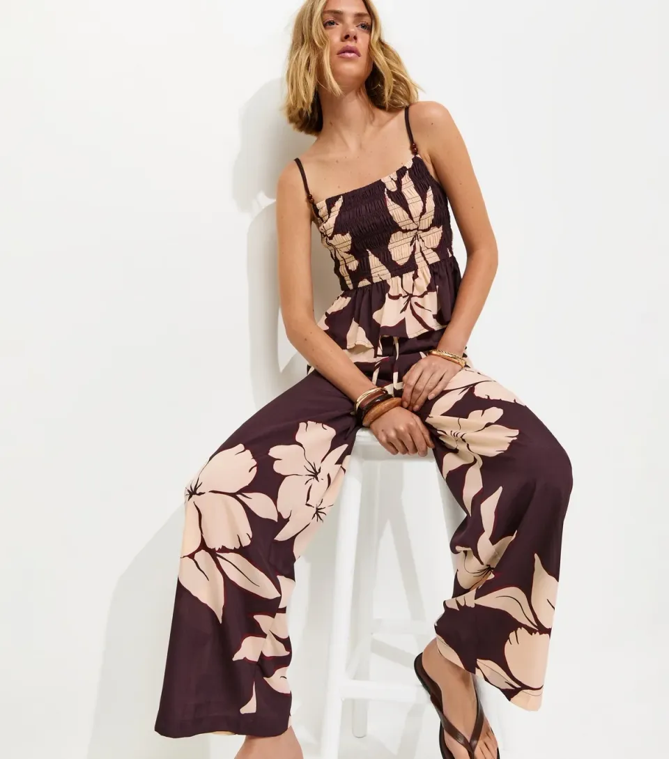 Women's Brown Hibiscus Print Wide Leg Trousers