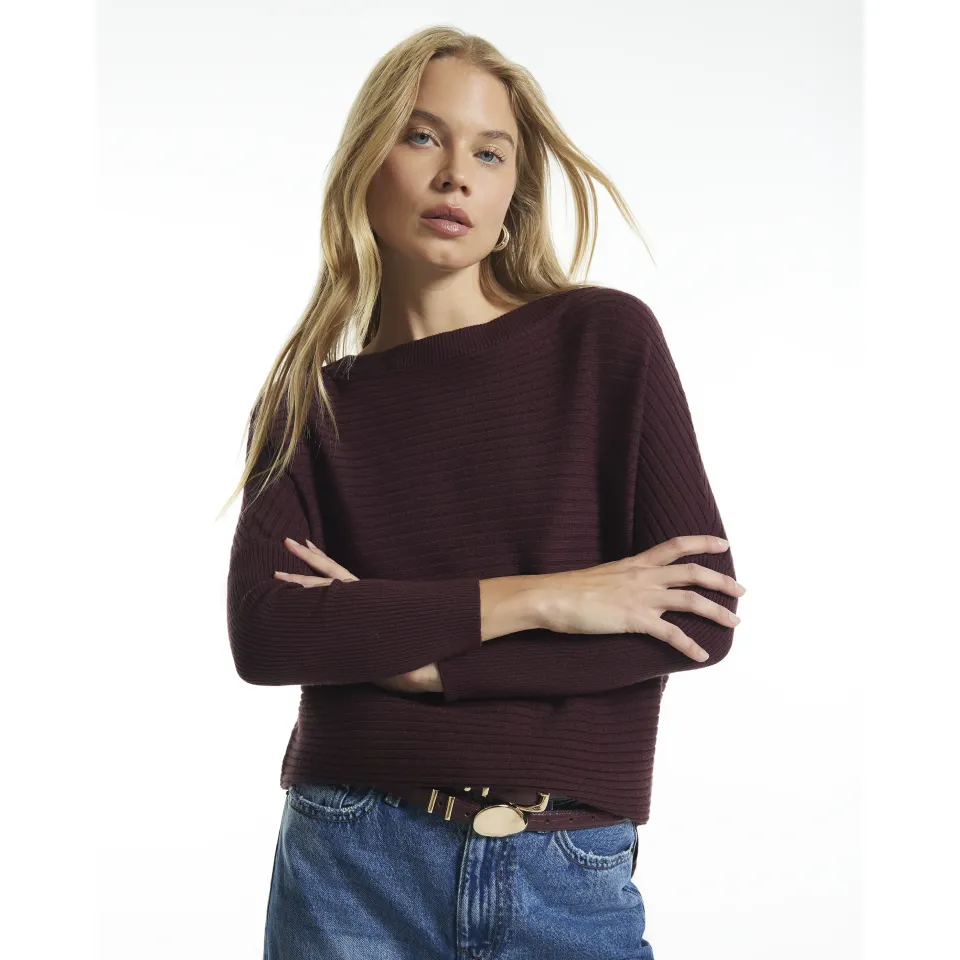 Burgundy Knit Wide Neck Rib Jumper