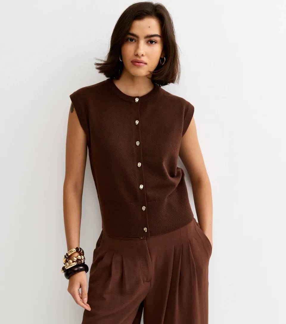 Women's Dark Brown Knit Abstract Button Waistcoat