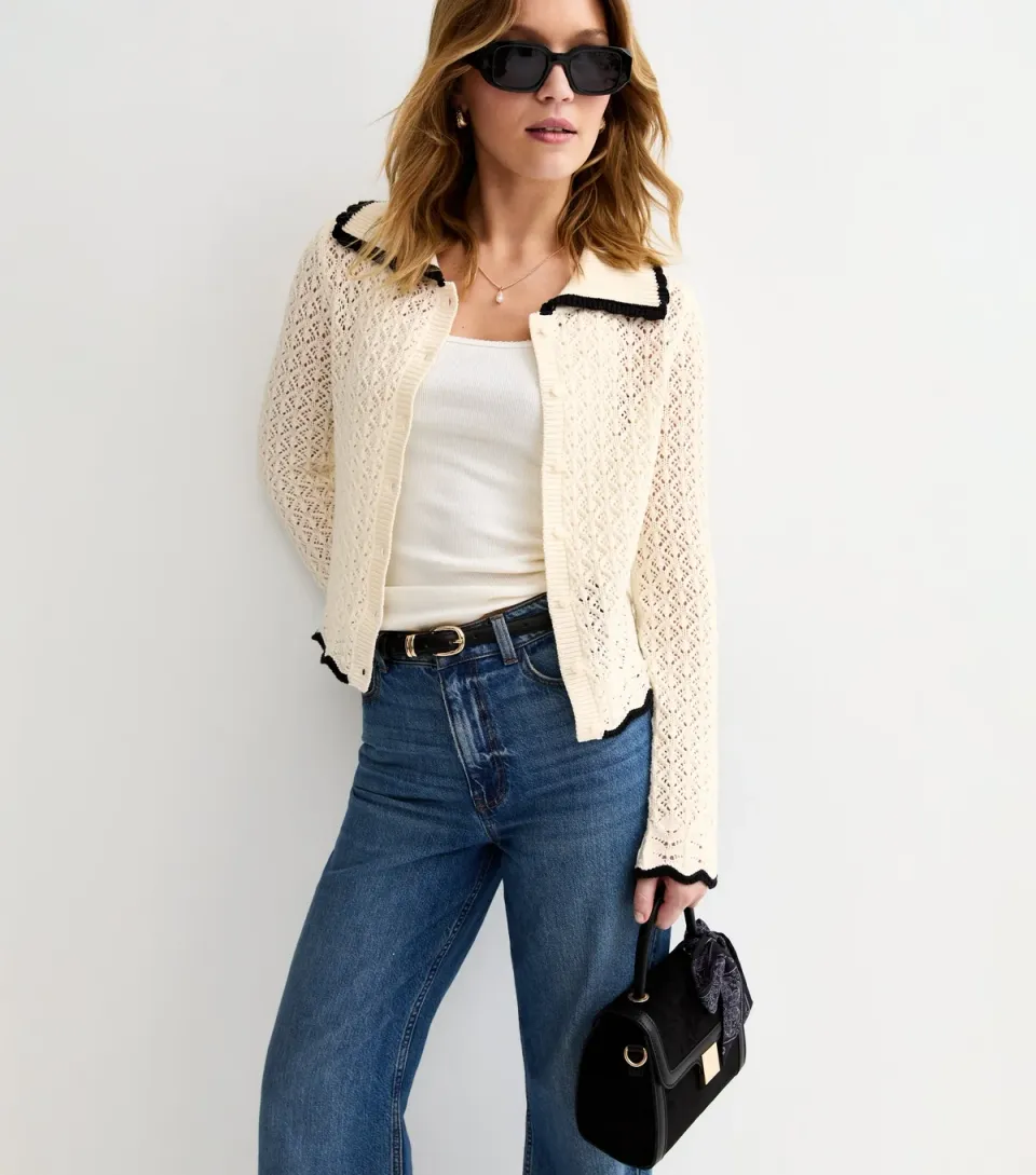 Women's Cream Cotton Rich Crochet-Look Knit Scalloped Collar Cardigan