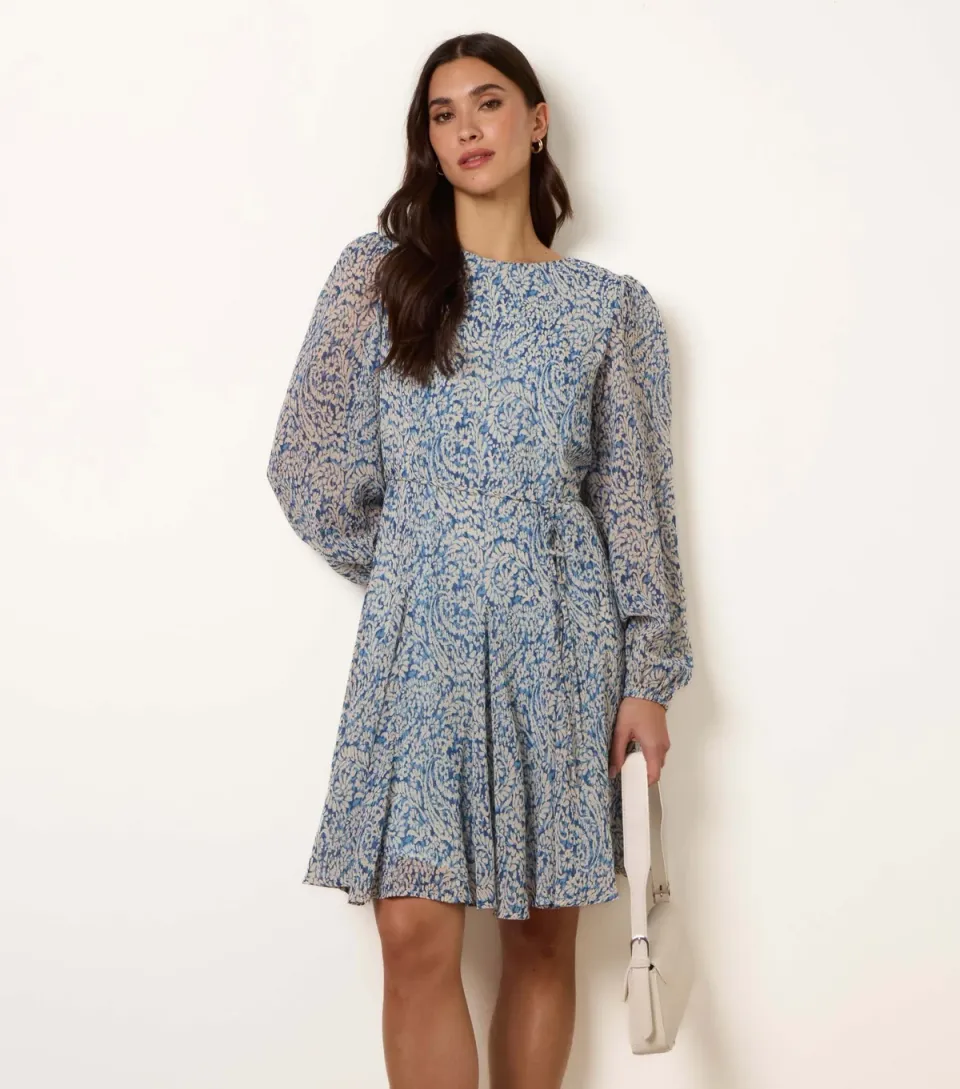 Women's Blue Self Tie Godet Dress