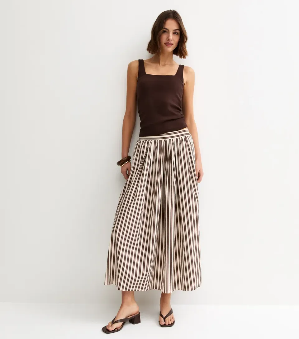 Women's Brown Cotton Poplin Striped Midi Skirt