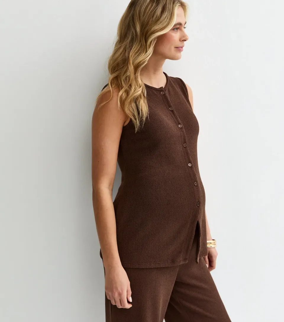 Women's Maternity Brown Textured Button Waistcoat