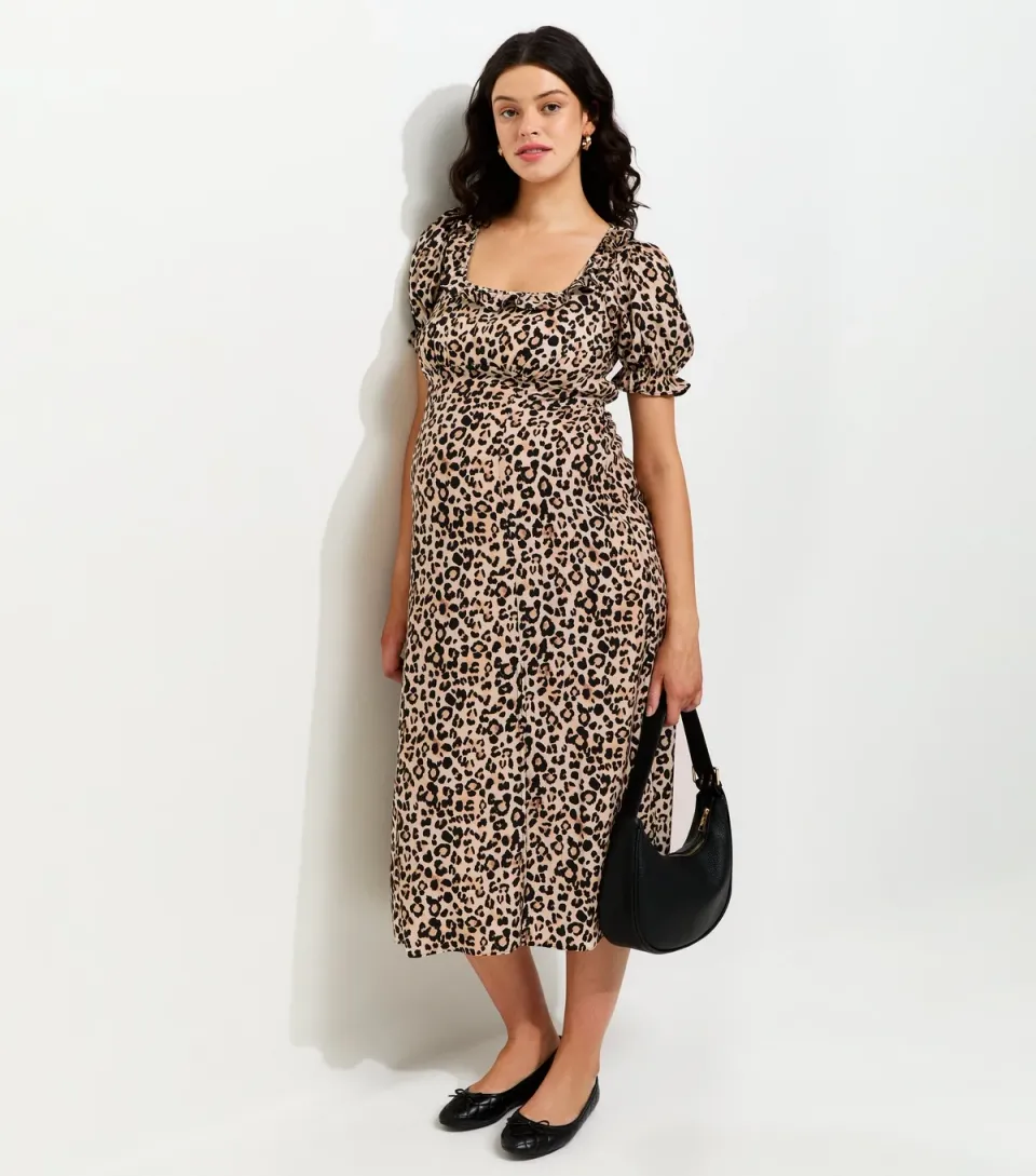 Women's Maternity Brown Animal Print Midi Tea Dress