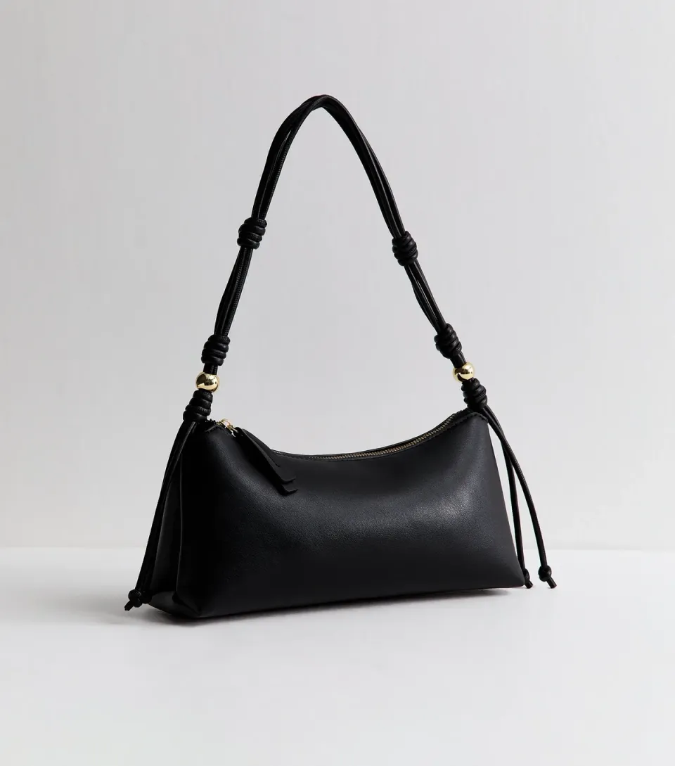 Black Faux Leather Knotted Handle Shoulder Bag
