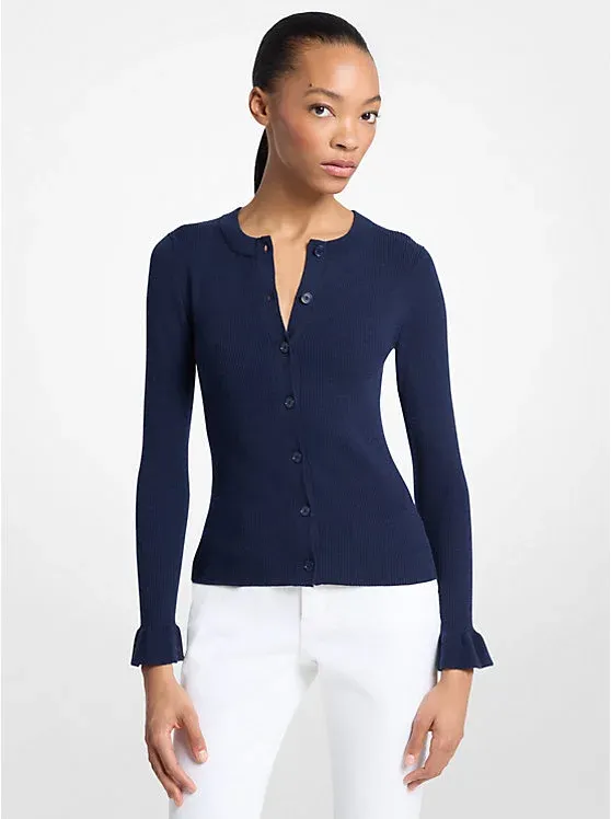 Ribbed Wool Blend Ruffle-Cuff Cardigan