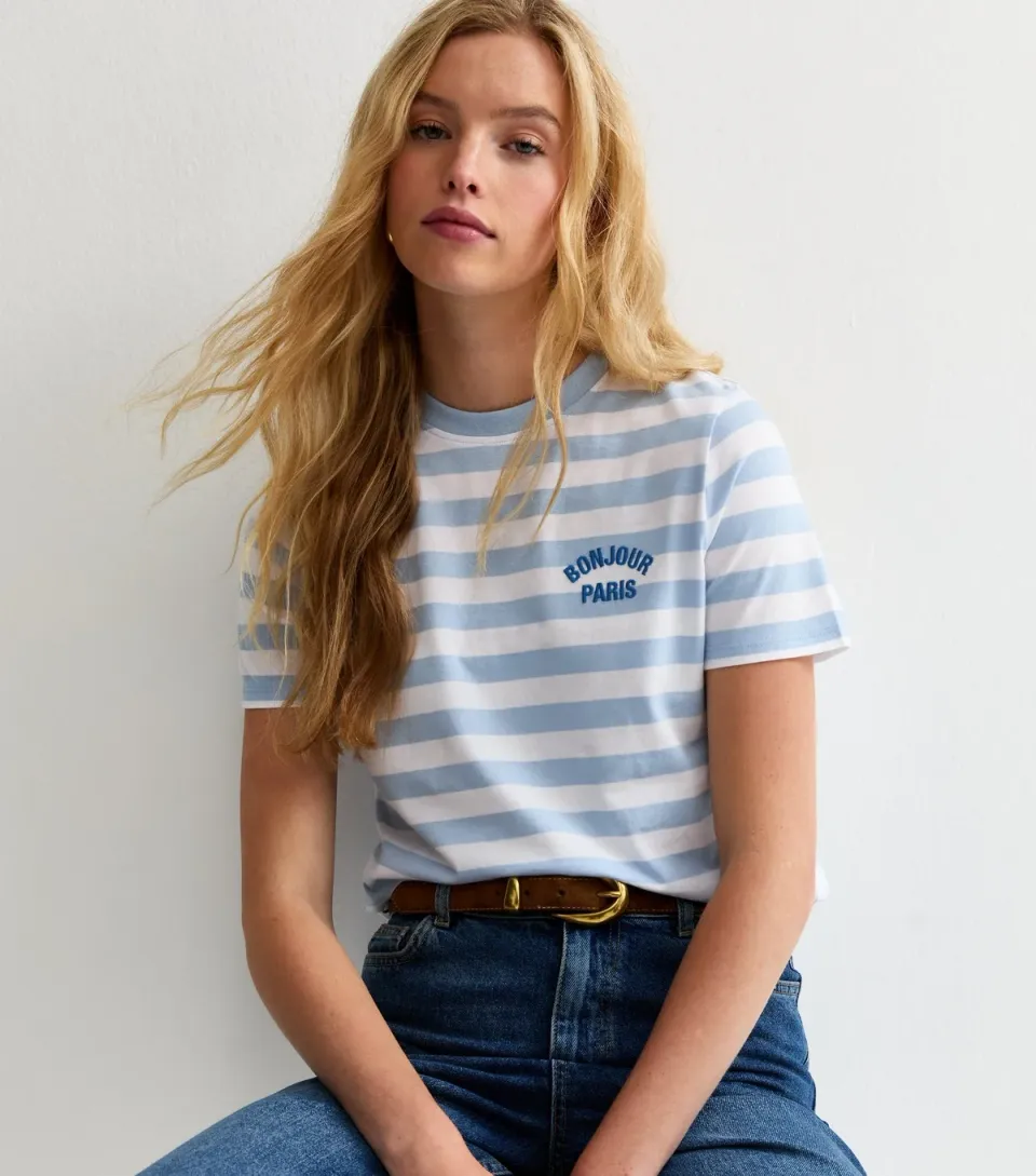 Women's Blue Striped Bonjour Paris Embroidered T-Shirt
