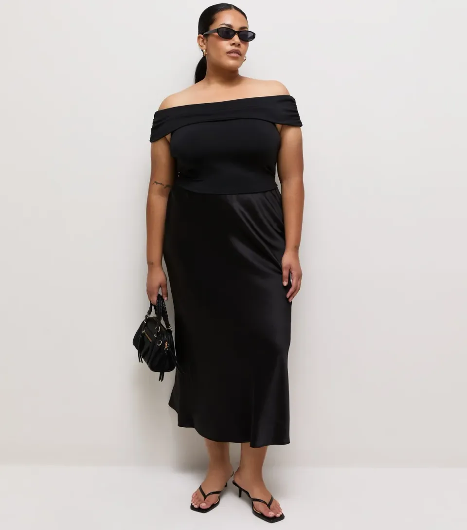 Women's Plus Size Black Satin Bias Cut Midi Skirt Curves
