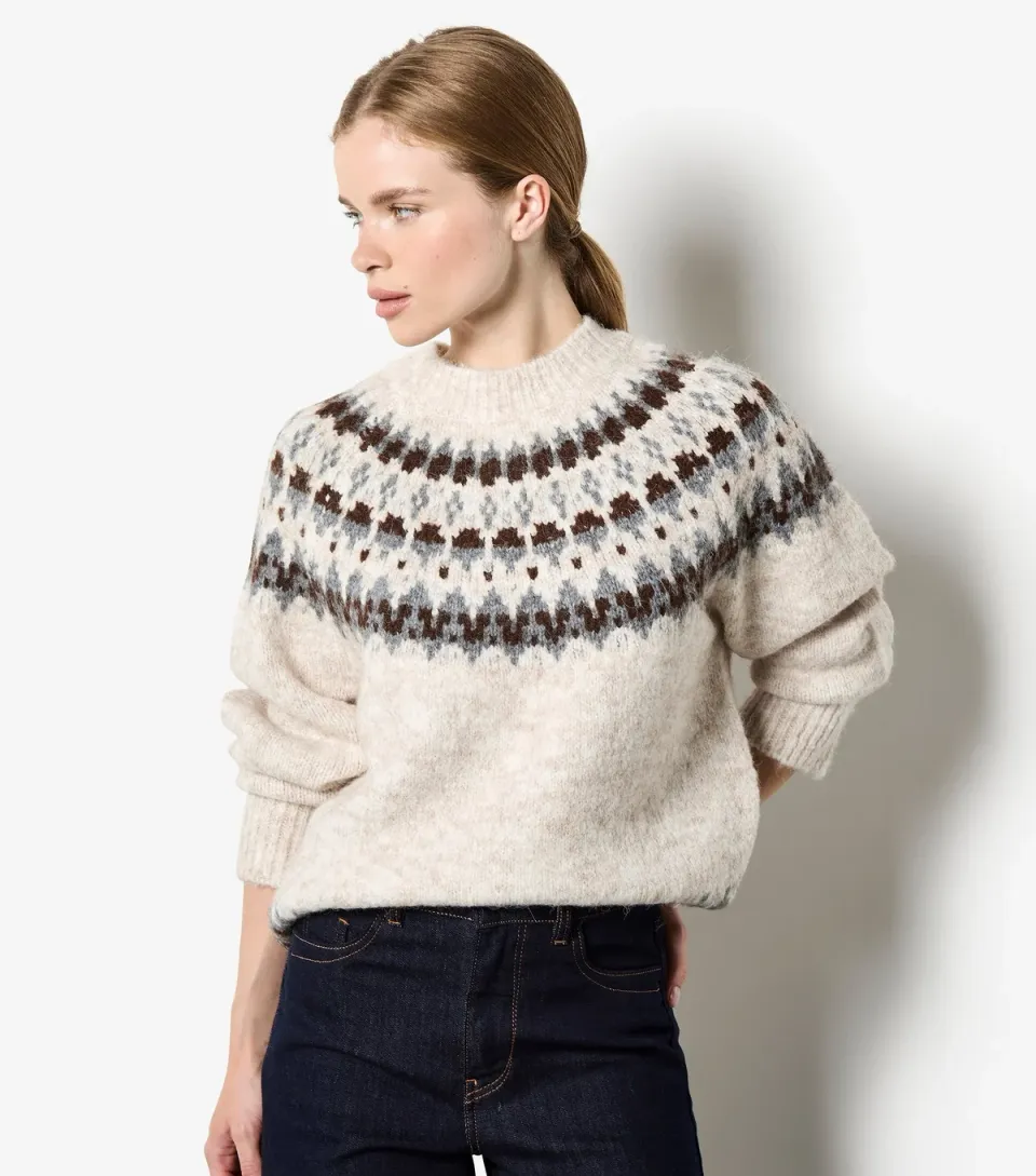 Women's Stone Fairisle Pattern High Neck Jumper