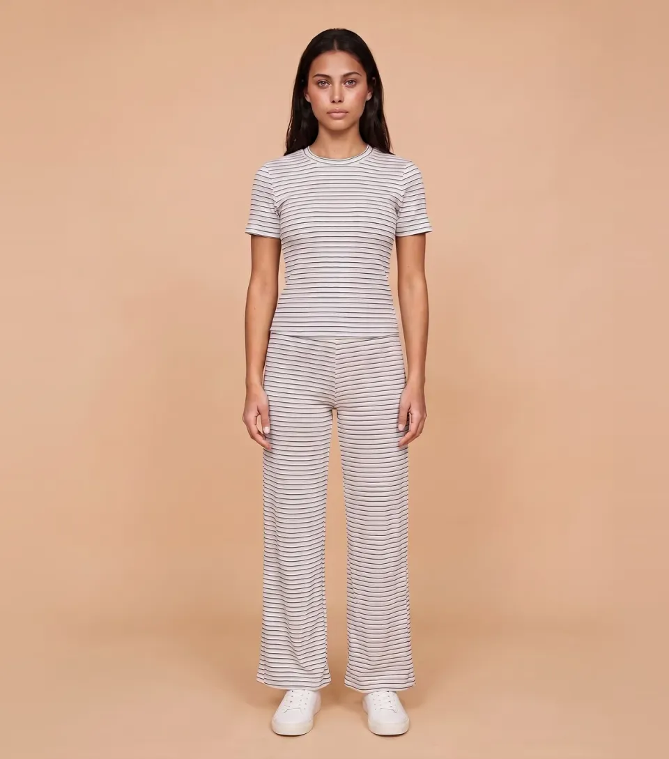 Women's Bright Blue Ribbed Wide Leg Striped Trousers