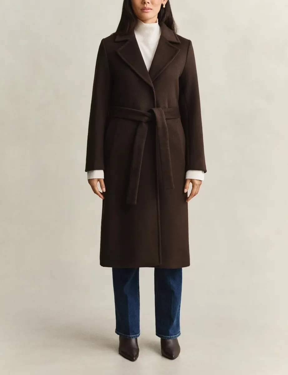 Wool Blend Belted Coat Brown