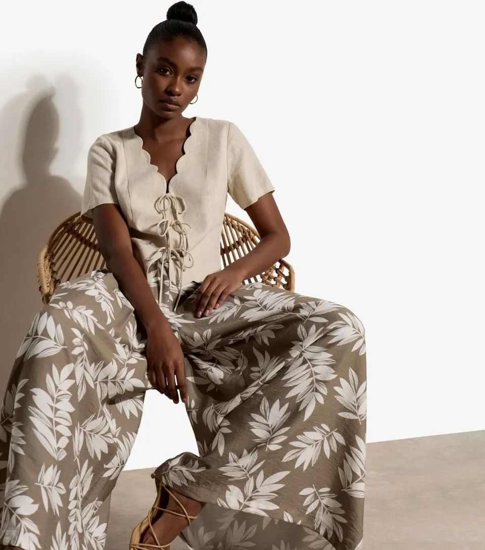 Women's Light Brown Pleated Leaf Print Wide Leg Trousers