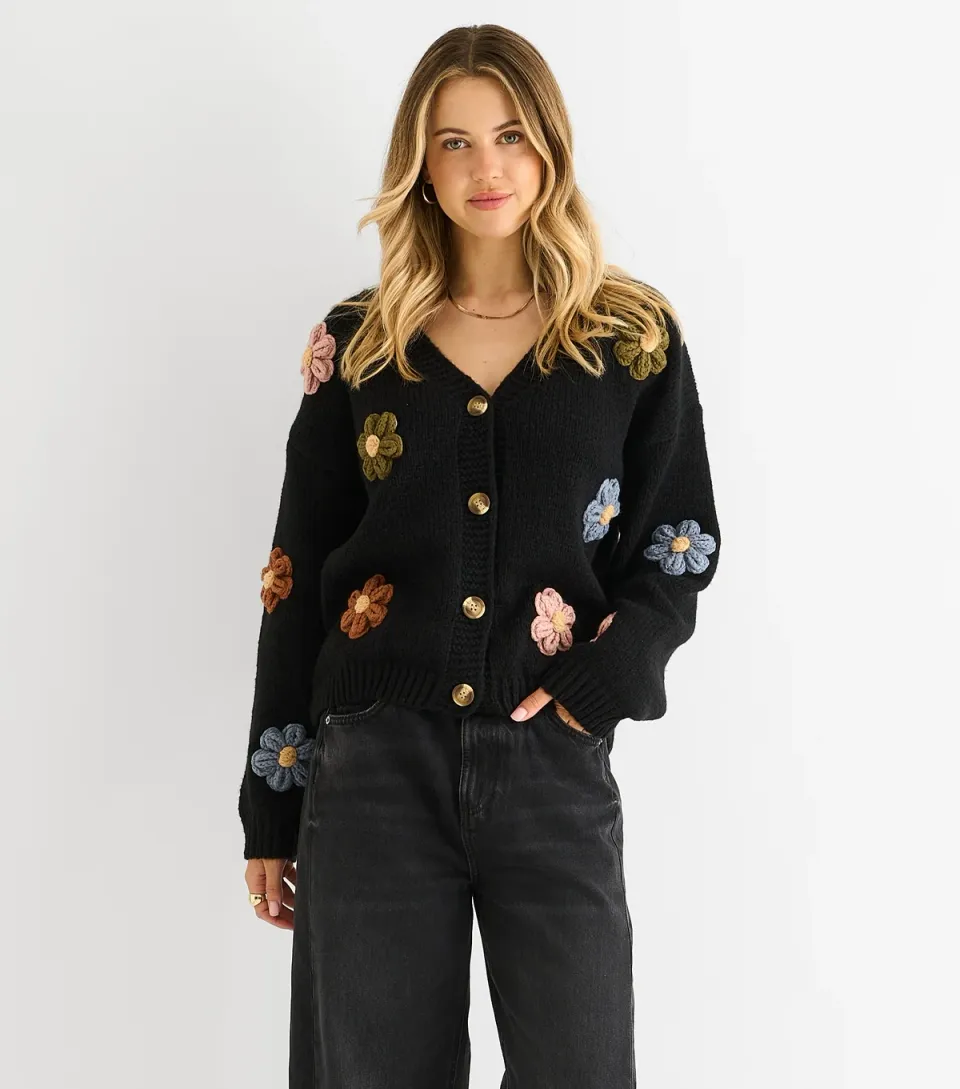 Women's Black Contrast Floral Applique Cardigan